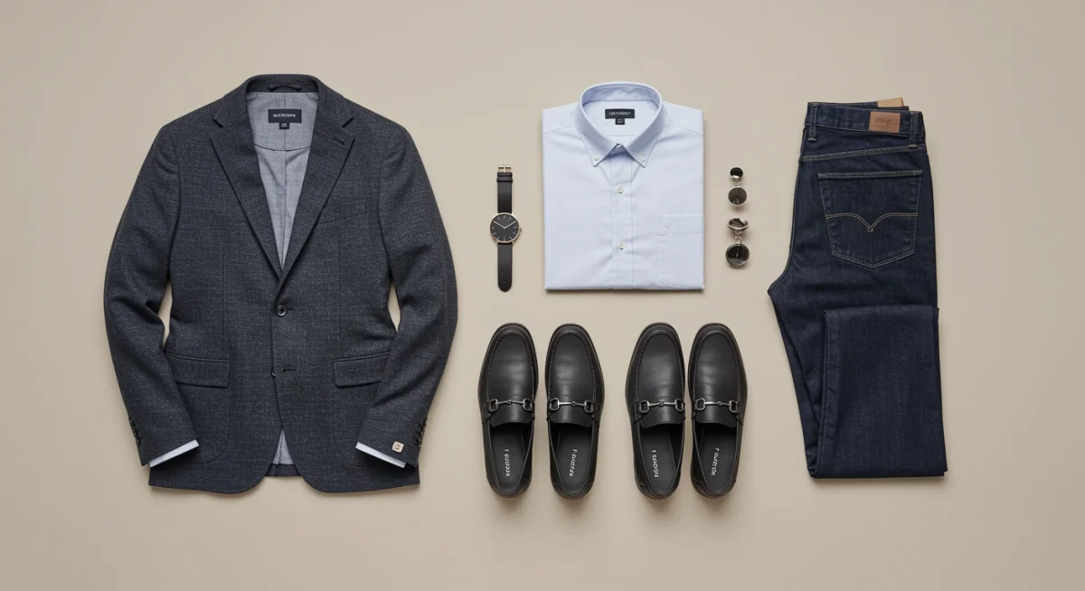 Smart casual professional outfit flat lay with blazer and loafers