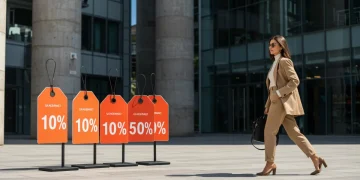 Woman demonstrating smart fashion budgeting, stylishly dressed with a confident expression, symbolizing cost reduction.