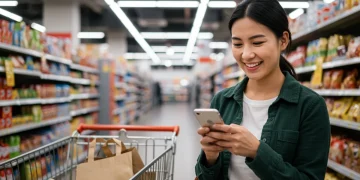 Smart shopper comparing prices on phone in a store