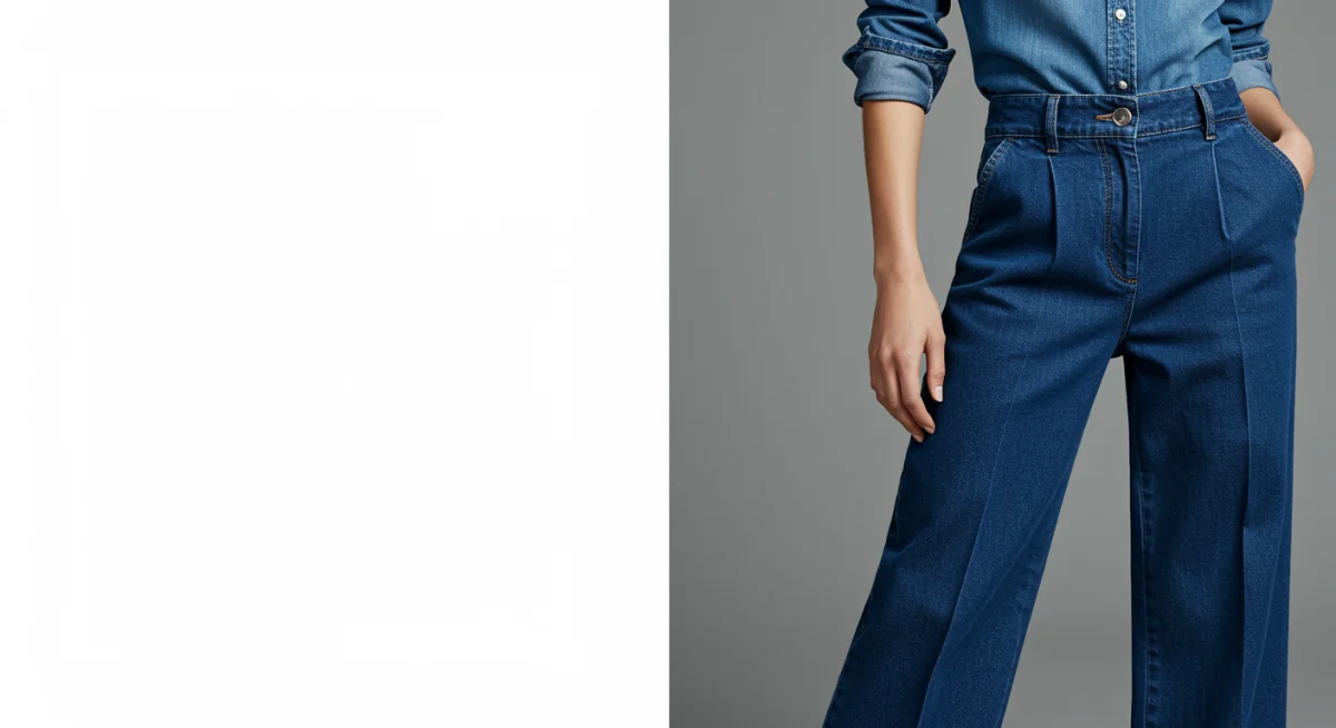 Model in sophisticated denim-on-denim outfit with high-waisted wide-leg trousers and heels.