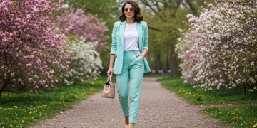 Woman wearing a bright spring capsule wardrobe outfit in a park