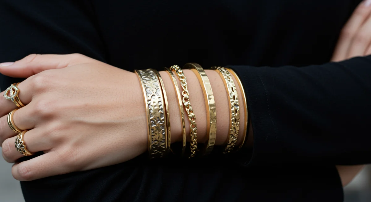 Stacked bold bracelets and intricate ring on a wrist, enhancing a black top