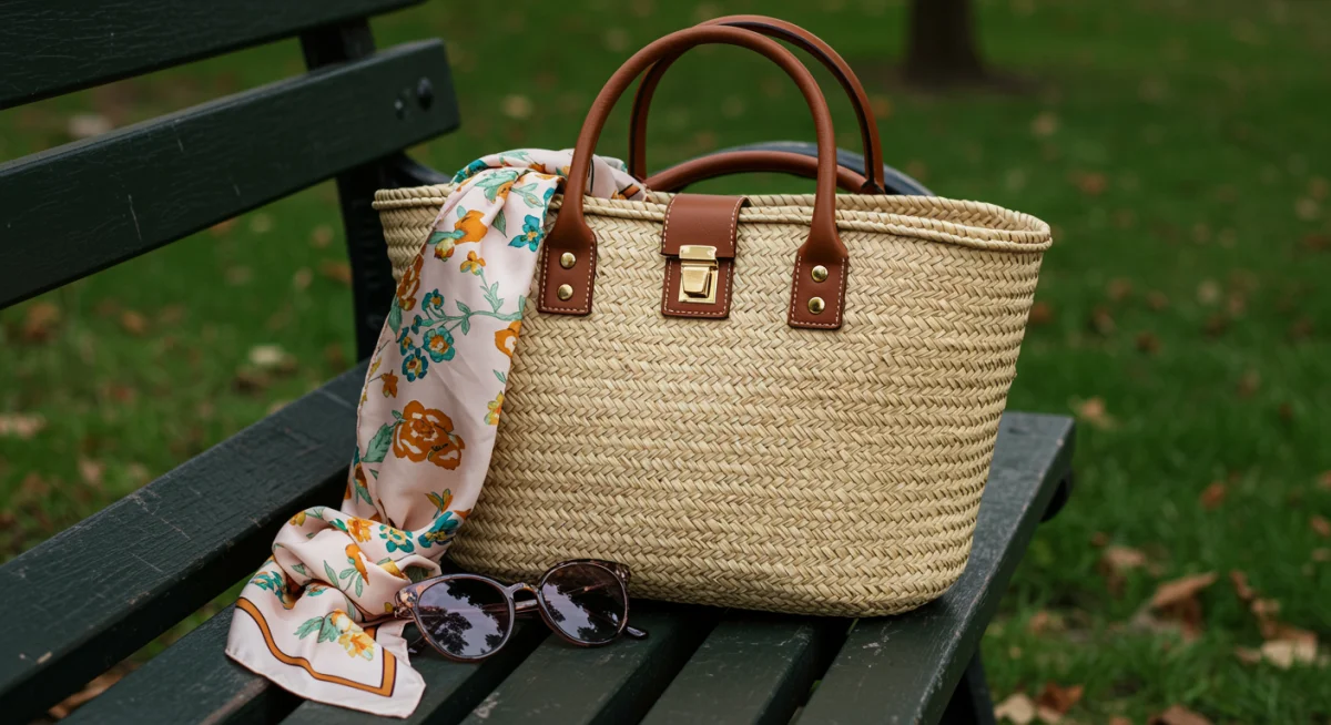 Stylish straw tote bag with sunglasses and silk scarf on a park bench for a chic spring look.