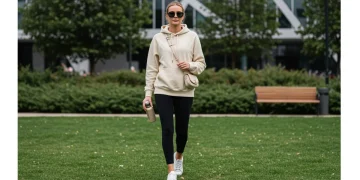 Woman in stylish athleisure outfit with cream hoodie and black leggings