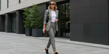 Woman confidently wearing a mix and match outfit with a blazer, white tee, tailored trousers, and sneakers.