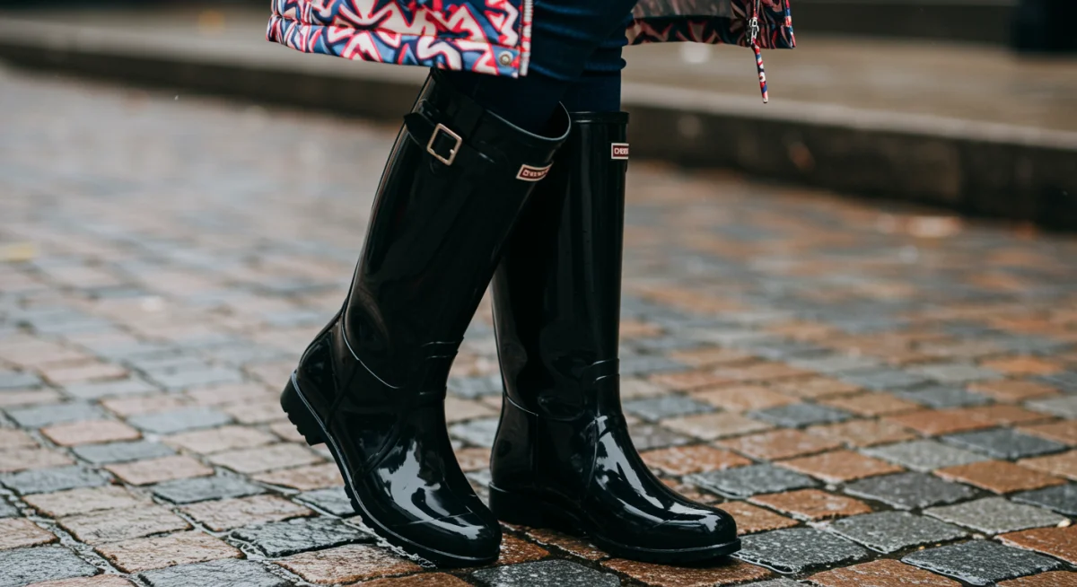 Close-up of stylish black rain boots with waterproof jacket