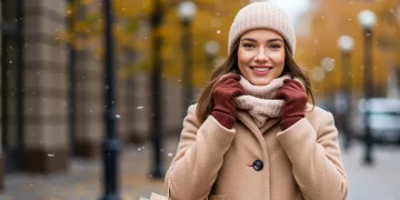 Woman confidently wearing stylish winter fashion in August