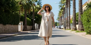 Woman in linen dress and straw hat for summer 2025 style