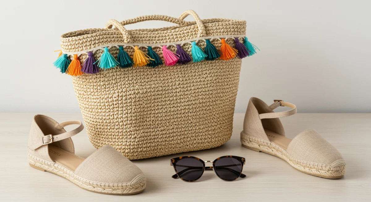 Essential summer accessories: straw tote bag, espadrille sandals, and cat-eye sunglasses