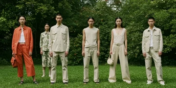 Models showcasing sustainable celebrity fashion brands in an outdoor, eco-conscious setting.