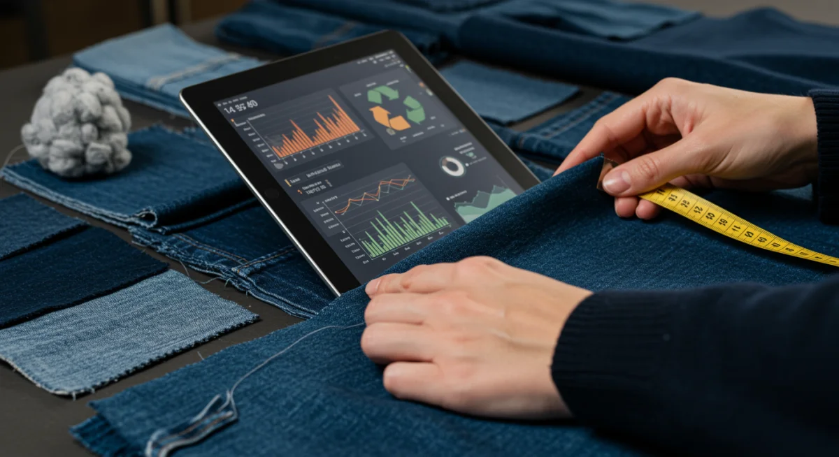 Hands examining sustainable denim fabric with eco-friendly material swatches.
