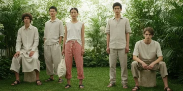 Models wearing sustainable fashion outfits from organic cotton and recycled materials