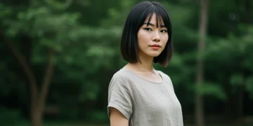 Woman in sustainable linen dress, embodying ethical fashion choices for 2025.