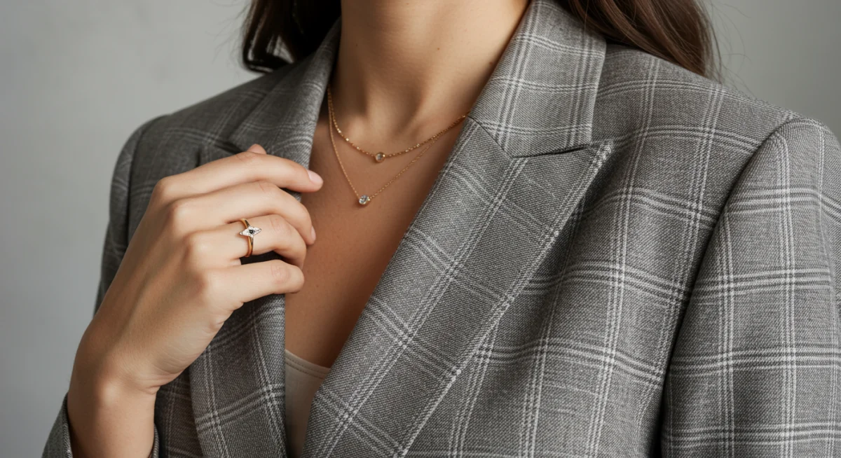 Woman in tailored blazer with elegant jewelry, showcasing professional detail