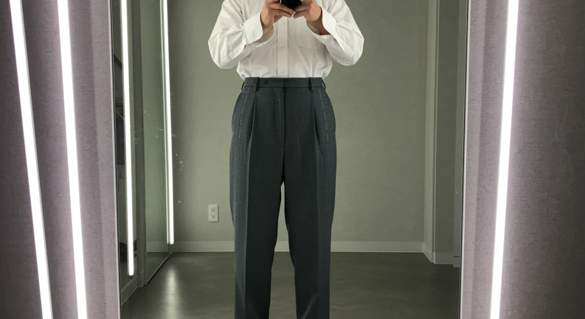 Person examining perfectly tailored trousers and crisp shirt for ideal fit