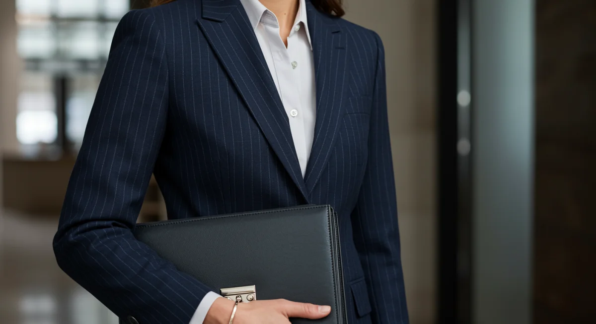 Professional woman in tailored navy power suit with brief-case.