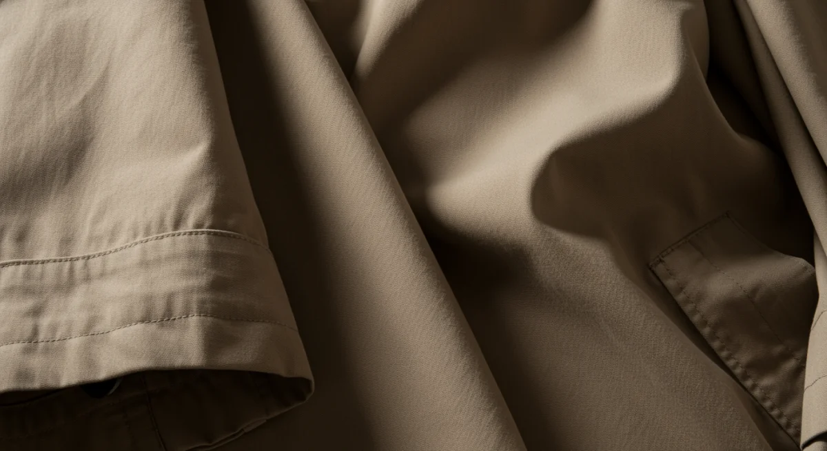 Detailed view of a classic tailored trench coat, highlighting fabric and cut.