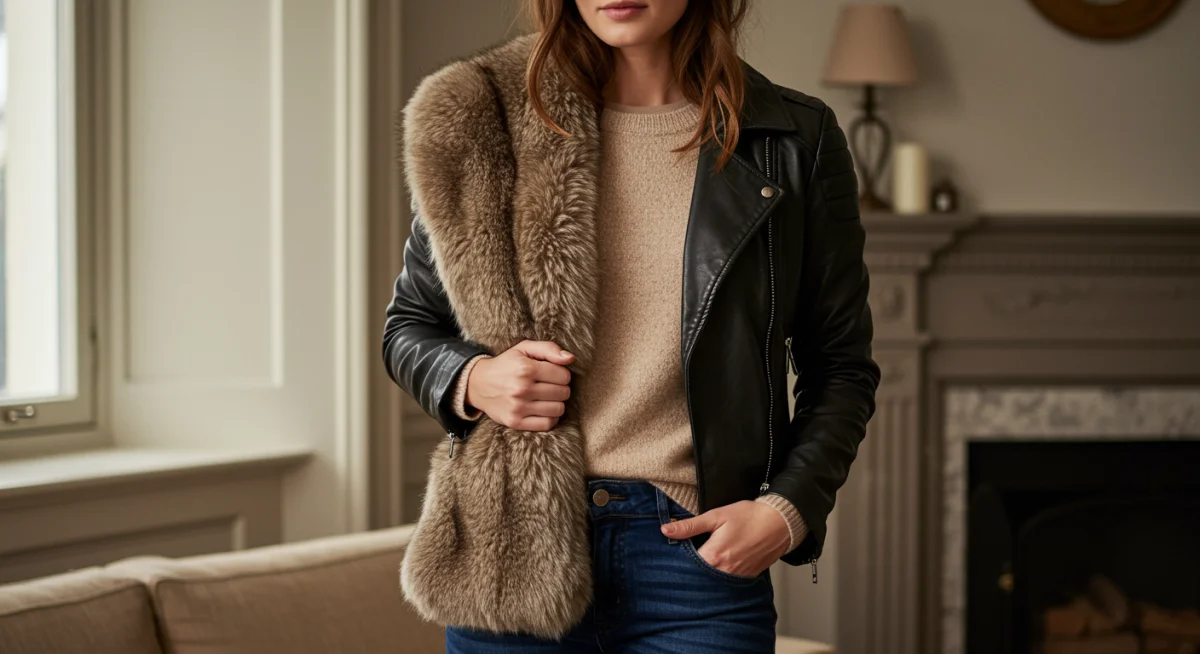 Model demonstrating texture play in winter layering