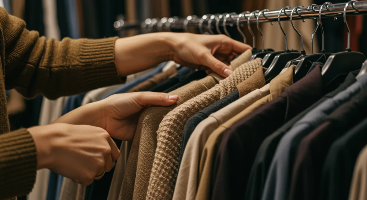 Hands browsing through second-hand clothing in a thrift store