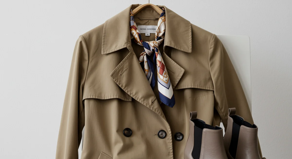 Classic trench coat with modern scarf and boots