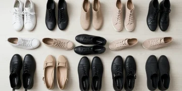 Collection of nine essential footwear styles for 2025, including sneakers, heels, boots, and sandals, suitable for various occasions.