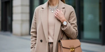 Woman showcasing versatile accessorizing with a statement necklace, structured handbag, and elegant watch.