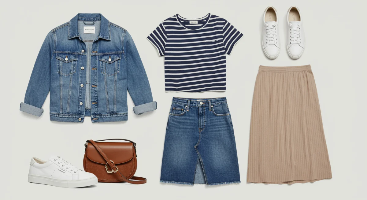 Flat lay of versatile spring capsule wardrobe pieces