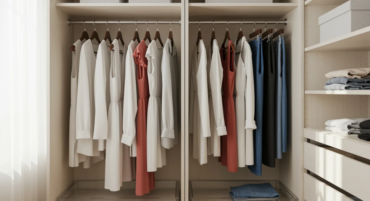 Organized closet displaying versatile and complementary fashion items