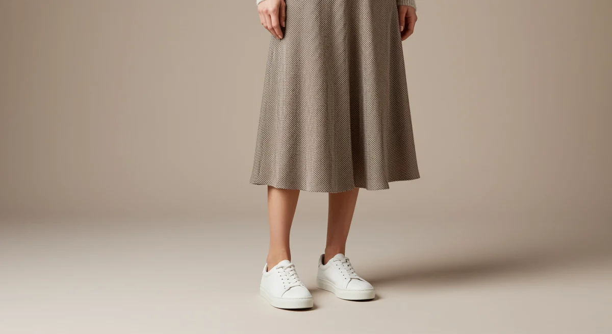 White sneakers styled with a midi skirt for versatile fashion.
