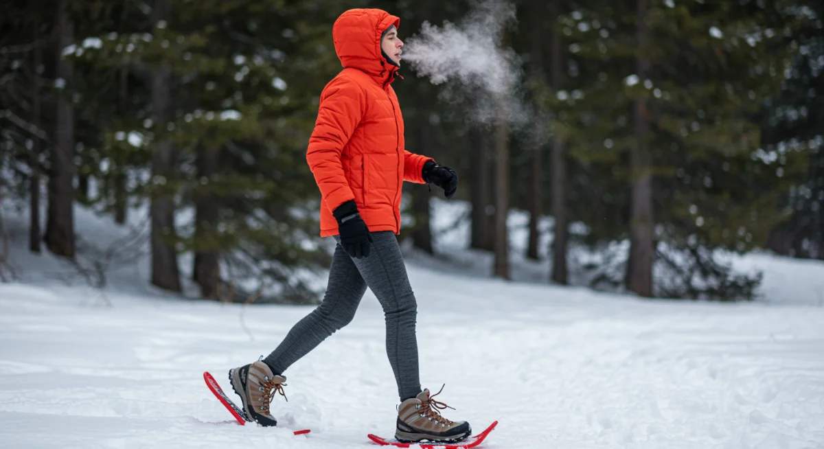 Person in vibrant insulated parka and thermal gear enjoying outdoor winter activity.