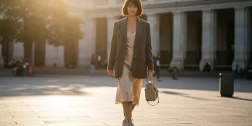 Woman wearing vintage blazer and modern outfit on city street