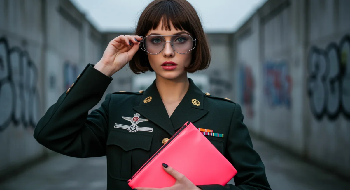 Person wearing a stylishly repurposed vintage garment with contemporary accessories.
