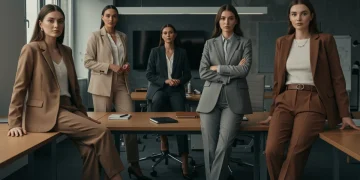 Professional women in power suits discussing in a modern office