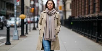 Woman in light trench coat and layered outfit for transitional weather