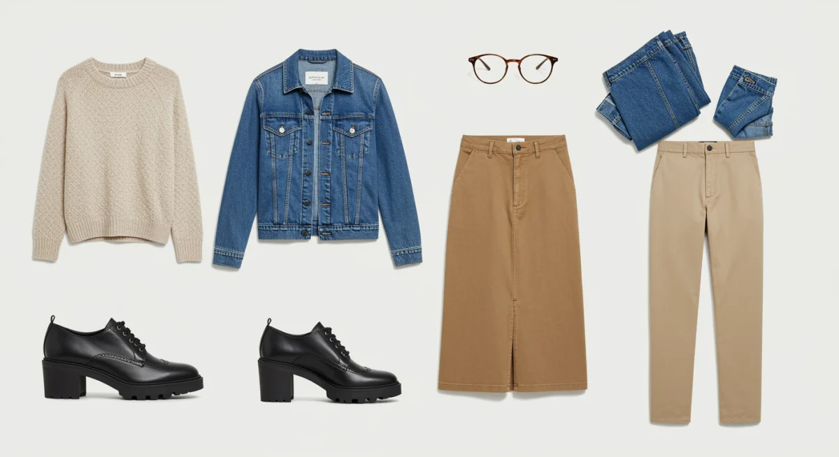 Flat lay of versatile clothing items for mixing and matching transitional outfits