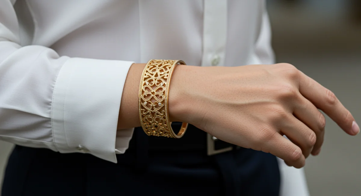 Close-up of a wrist with an intricate cuff bracelet enhancing a business casual outfit