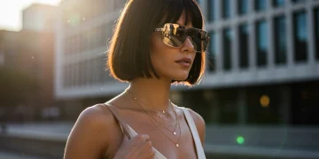 Woman wearing futuristic sunglasses and layered gold necklace on a sunny city street