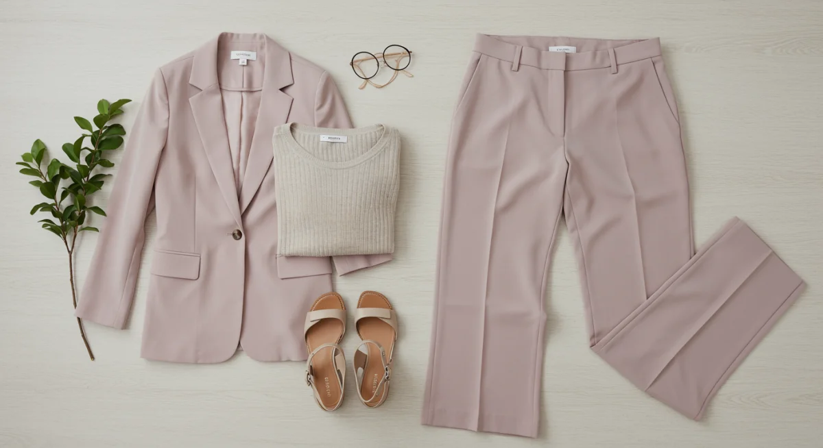Flat lay of US Spring 2026 capsule wardrobe essentials: blazer, wide-leg trousers, knit, sandals
