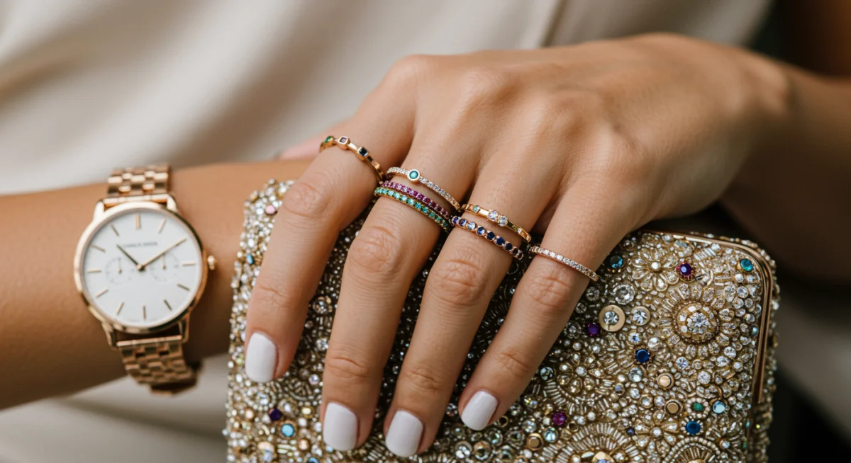 Hand with stacked rings, luxury watch, and beaded clutch bag
