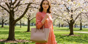 Woman in flowy dress with structured tote bag, embodying US Spring 2026 fashion trends