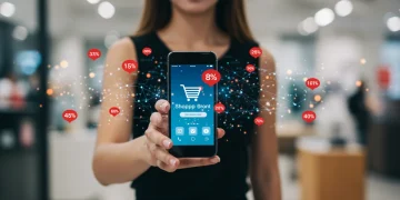 Woman using a smartphone shopping app to track price drops for smart savings