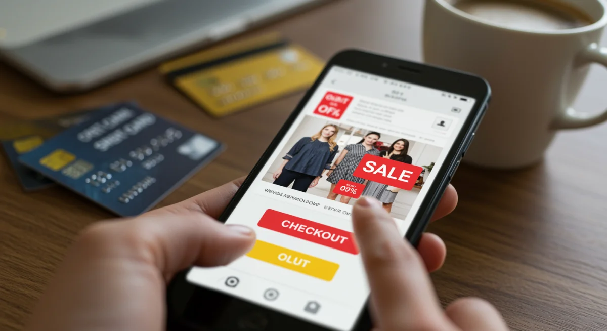 Online fashion sale on smartphone, credit cards