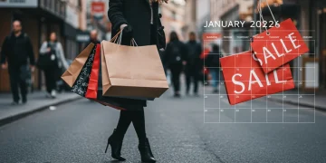 Woman with shopping bags, urban street, fashion deals