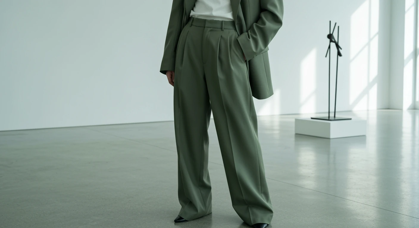 A person wearing wide-leg olive green trousers and a matching soft tailored blazer in a minimalist gallery, illustrating current fashion updates and relaxed silhouettes.