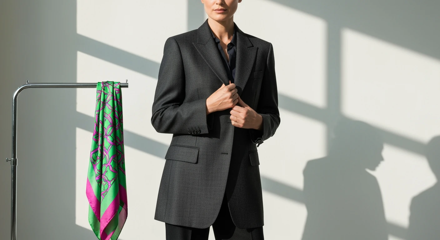 Woman in a minimalist wool blazer, representing quiet luxury, with a vibrantly patterned silk scarf, symbolizing bold fashion statements, against a clean, geometrically shadowed wall.