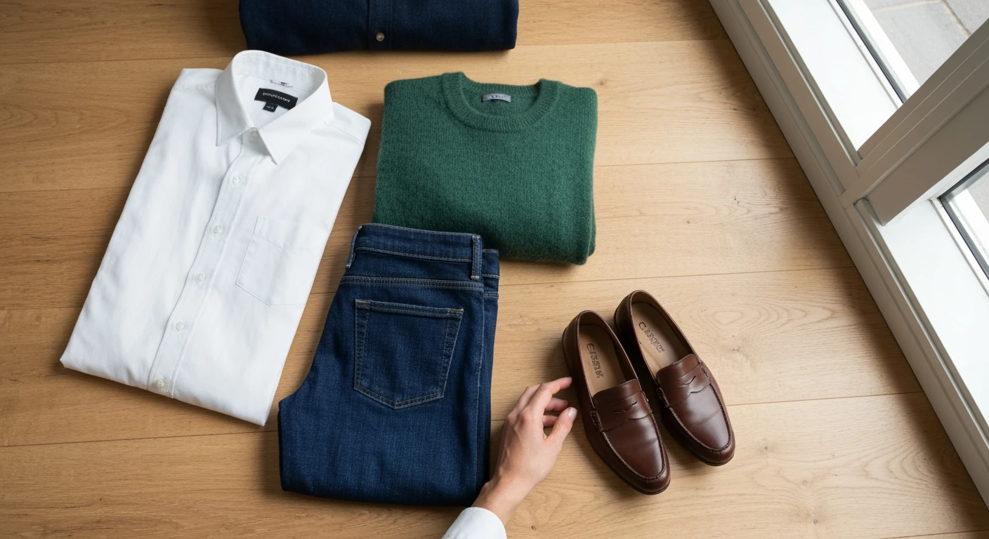 Overhead view of a person curating a modern capsule wardrobe on an oak floor, featuring green cashmere, white cotton, and indigo denim for timeless elegance.