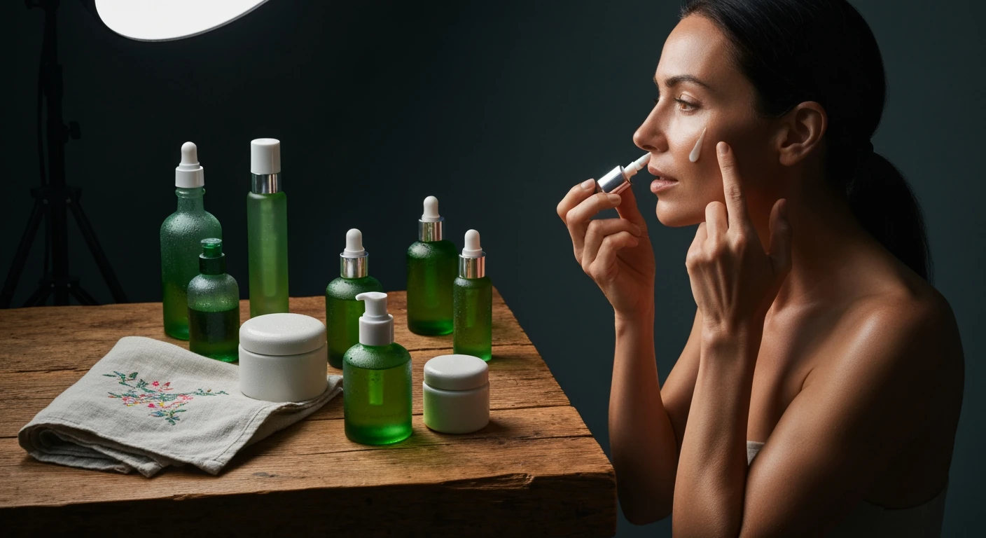 A woman applies a serum to her cheek, surrounded by frosted green glass skincare bottles on a wooden vanity, illustrating a personalized skincare routine for a radiant complexion.