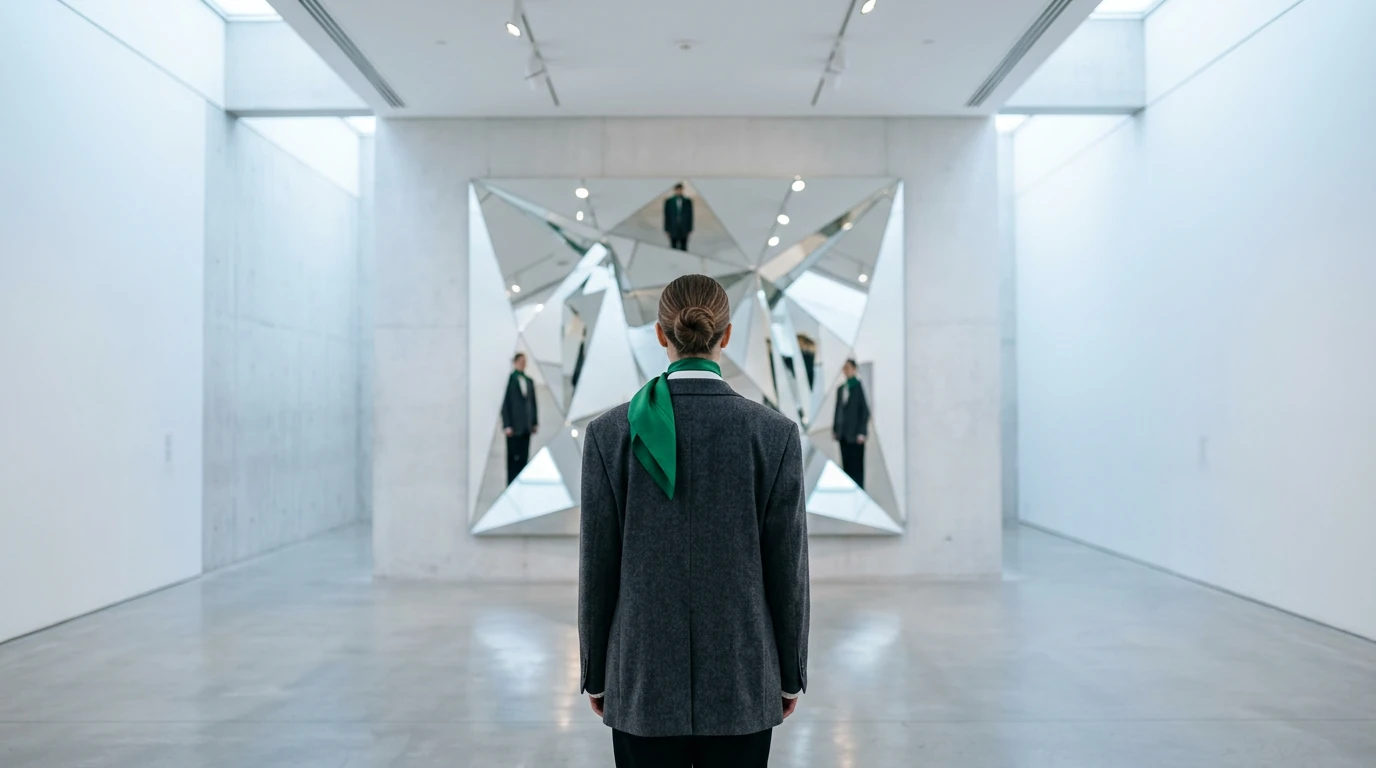 A person in an oversized gray blazer and emerald green silk scarf, viewed from behind in a minimalist art gallery, reflecting on fashion trends.