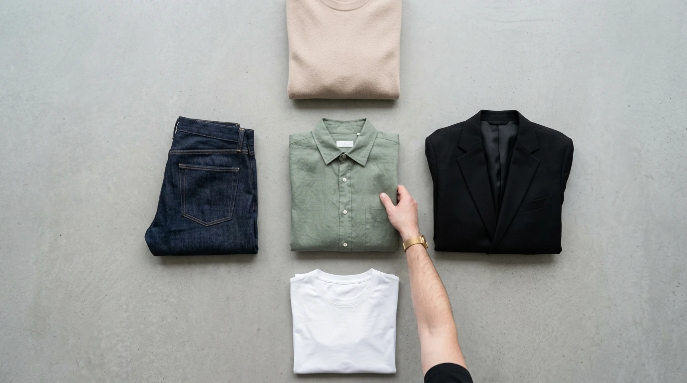 Overhead view of a person reaching for a sage green linen shirt within a neatly arranged capsule wardrobe featuring versatile clothing items on a gray concrete floor, highlighting essential pieces for mix-and-match styling.