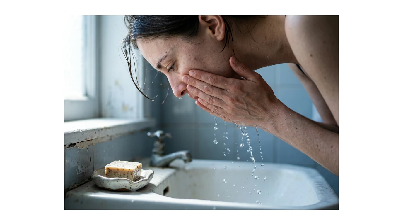Close-up of a person gently splashing water on their face over a sink, highlighting the start of a skincare routine with natural light.